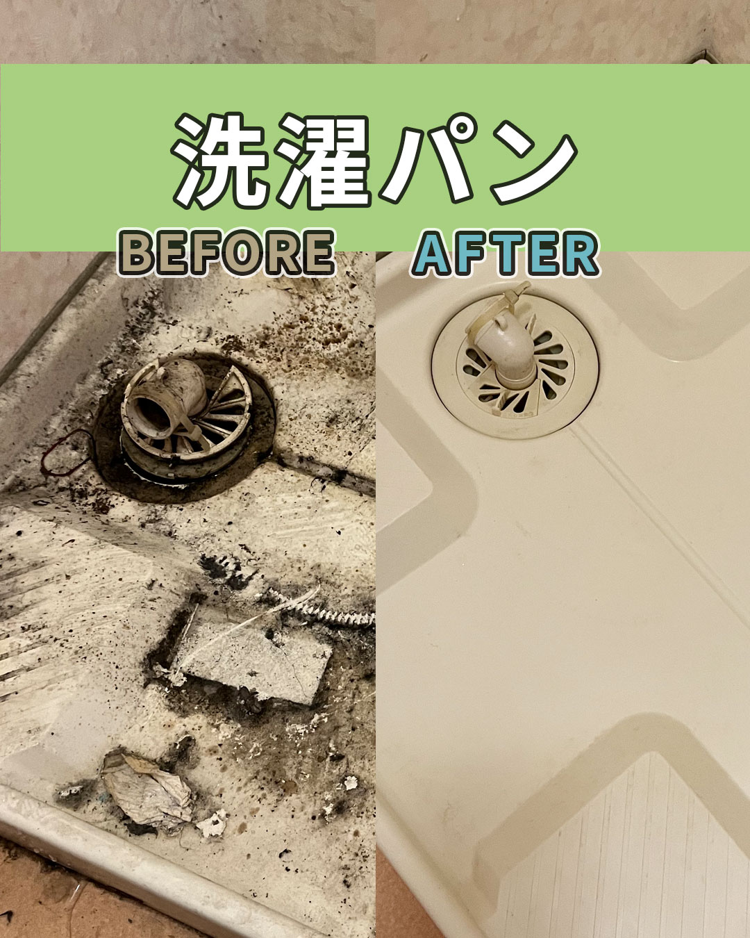 空室清掃施工事例（洗濯パン清掃前・清掃後）